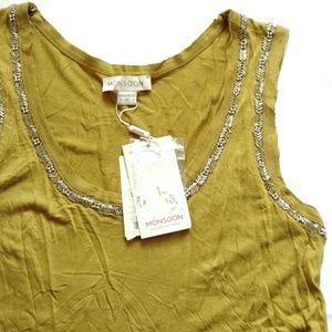 NWT Monsoon Herringbone Beaded Tank Top Mustard